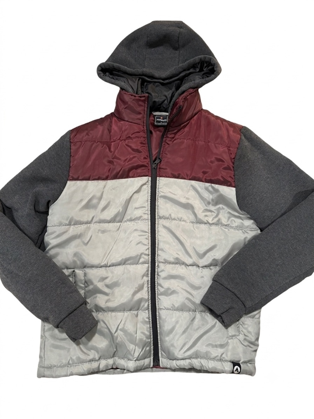 Airwalk Men's Large Colorblock Puffer Jacket Hooded Maroon Grey Full Zip Heavy